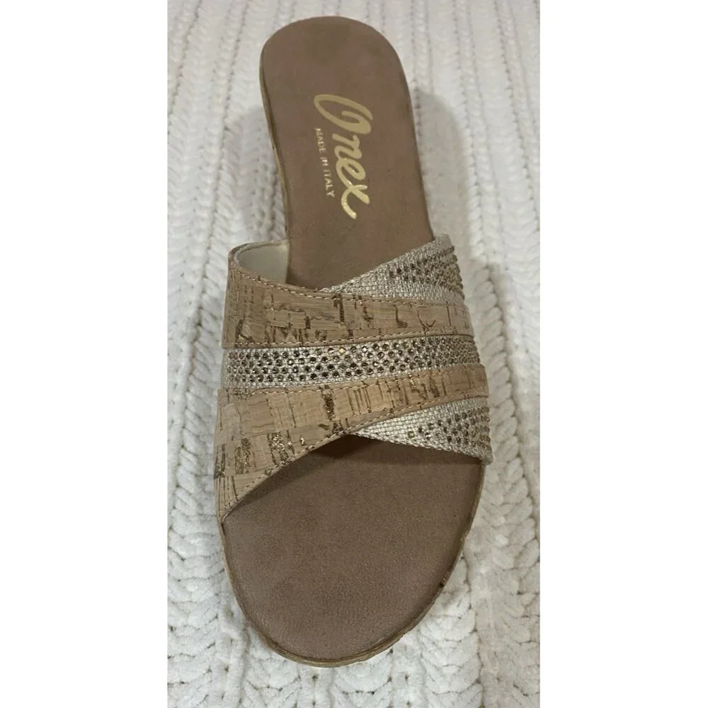 Onex Blanche Linen Stones Cork Wedge Sandals Shoes Made in Italy Womens 11 - Picture 8 of 13